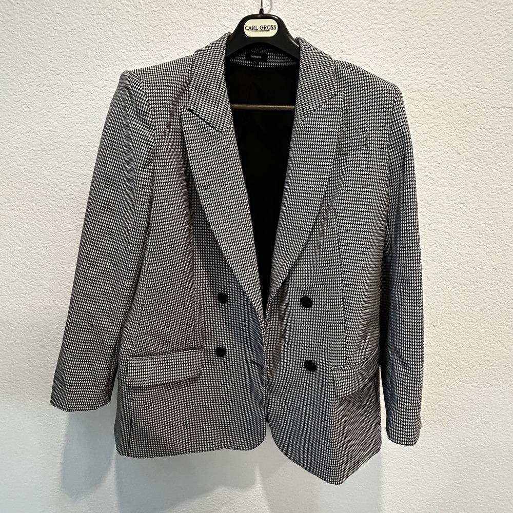 Express Womens Sz L Black White Houndstooth Double-Breasted Blazer Careercore